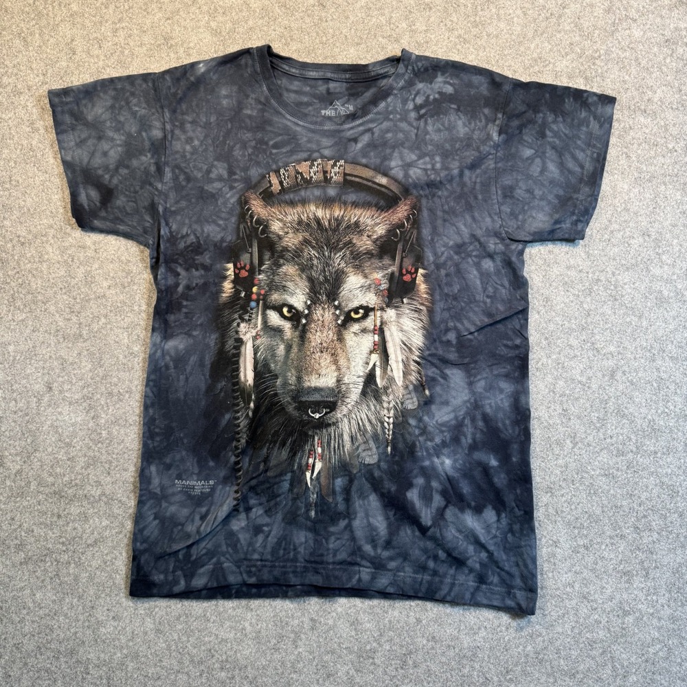 The Mountain Manimals Wolf Headphones T-Shirt Medium Blue Tie Dye Cotton Graphic